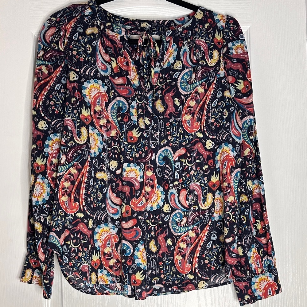 LOFT Vibrant Paisley Blouse with Red and Blue Accents, Medium